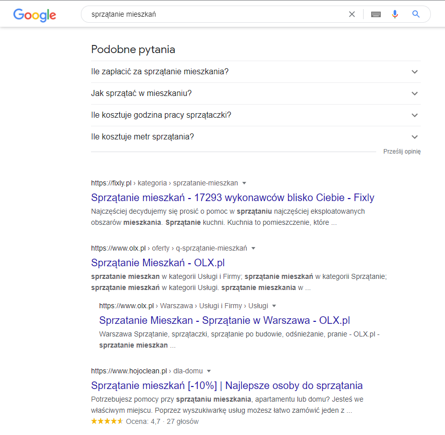 Wyniki wyszukiwania dla słowa kluczowego Google.