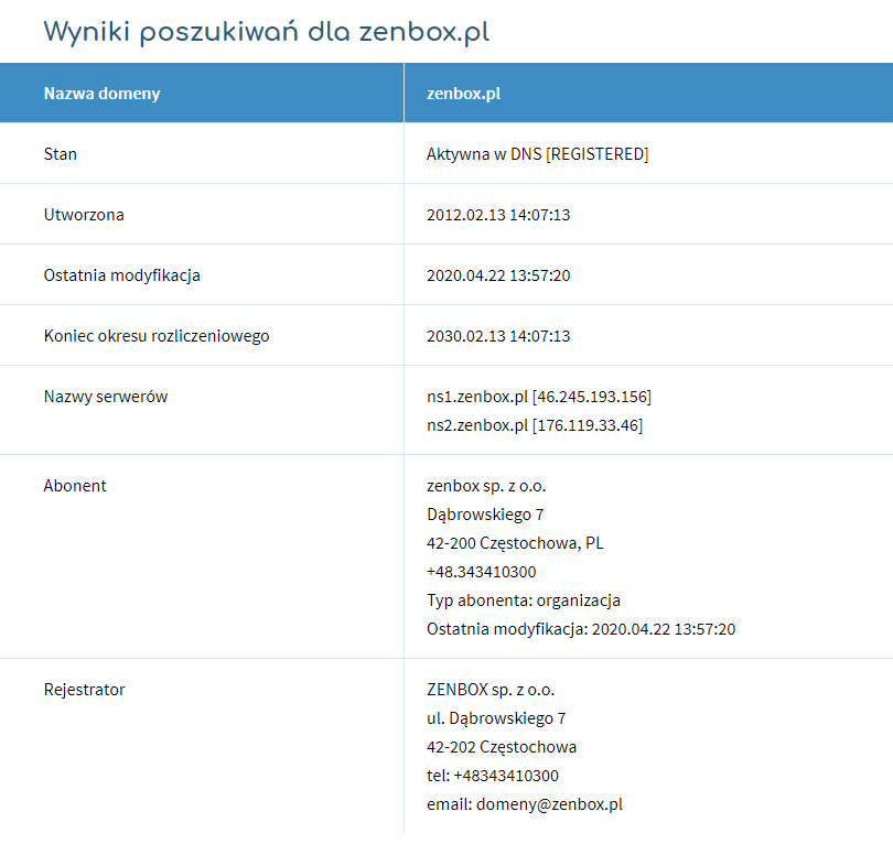 Wynik zapytania w bazie WHOIS dla domeny zenbox.pl