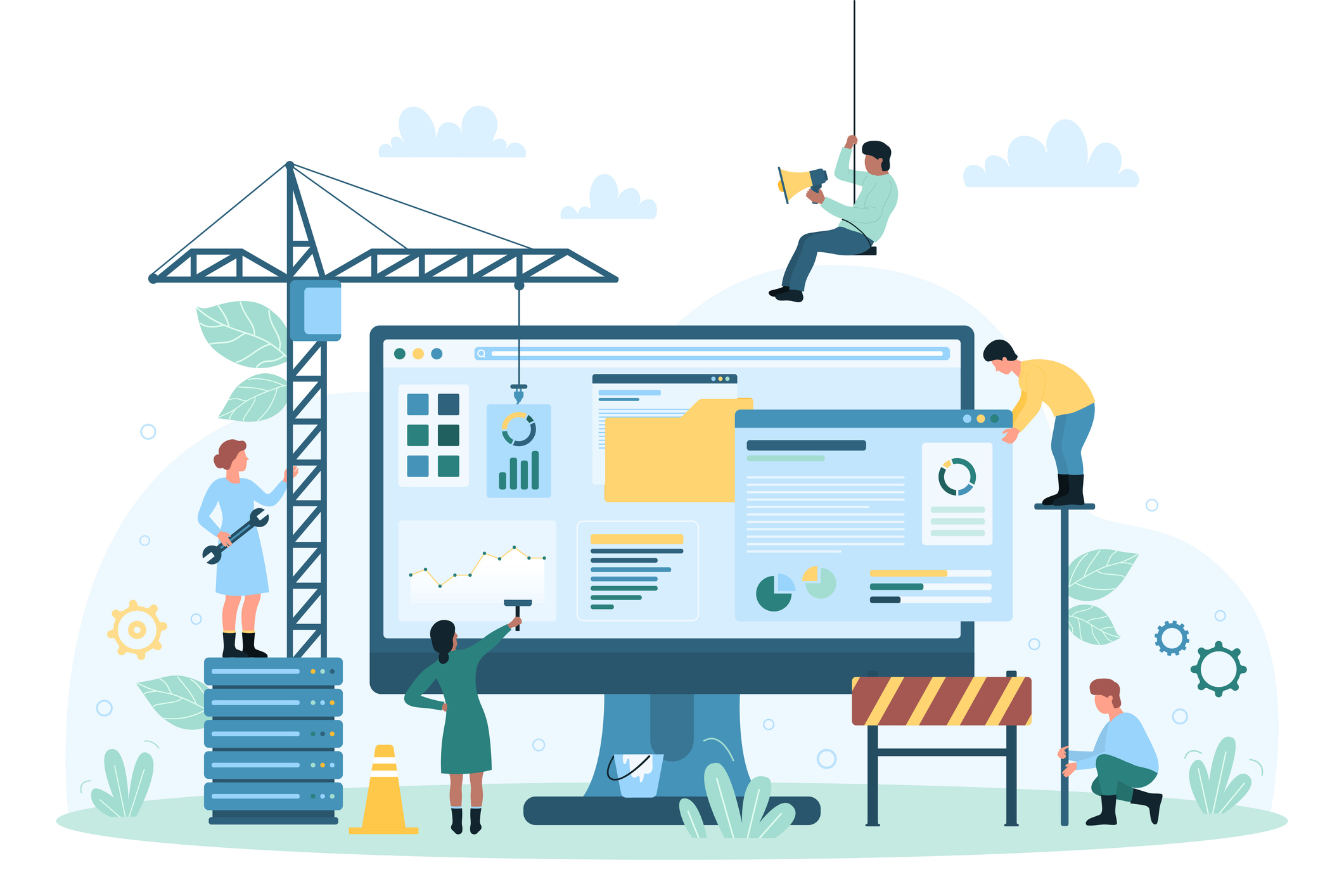 Website under construction, tiny people build, update structure of site, create content