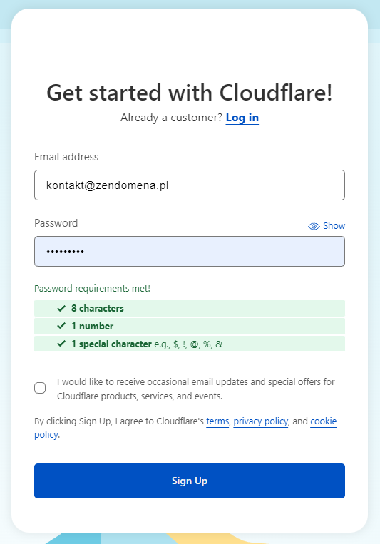 Rejestracja w usłudze CloudFlare