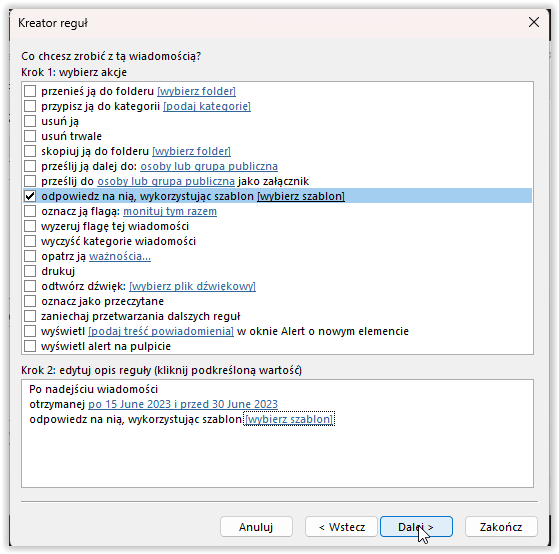 Konfiguracja automatycznych odpowiedzi autorespondera w Outlook.