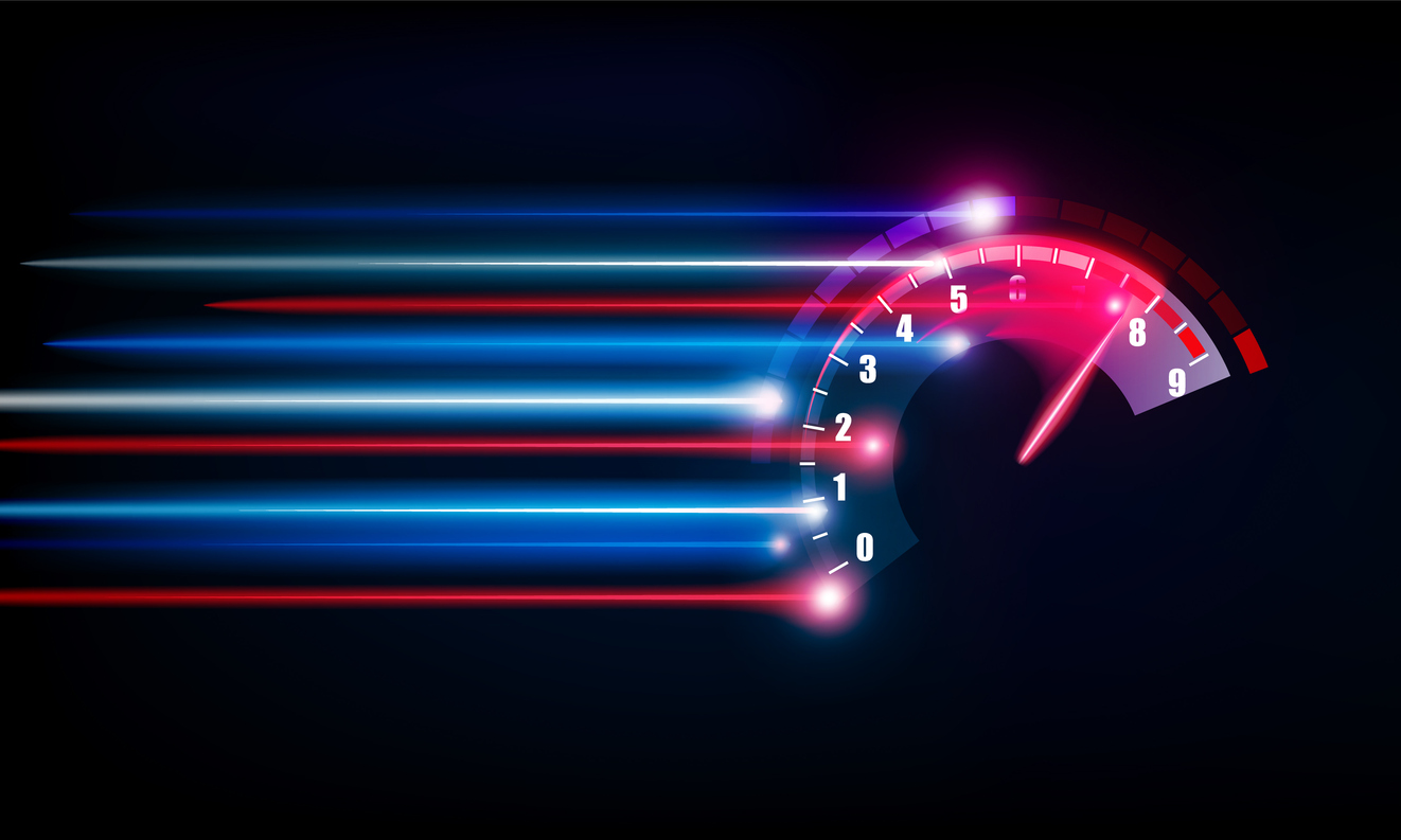 Projekt samochodowego prędkościomierza i deski rozdzielczej. Abstrakcyjna grafika technologiczna przedstawiająca wskaźnik prędkości oraz pasek postępu pobierania lub okrągły wskaźnik szybkości działania strony internetowej w formie grafiki wektorowej.