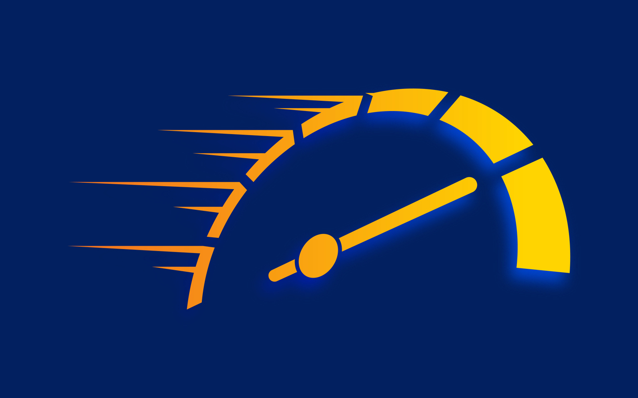 Symbol prędkościomierza na ciemnoniebieskim tle. Wektorowa ilustracja przedstawiająca koncepcję prędkości i wydajności.