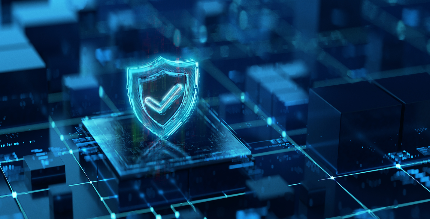 Cyfrowa ikona tarczy na futurystycznym, ciemnym tle symbolizująca cyberbezpieczeństwo i ochronę sieci. Grafika przedstawia technologie cyfrowego bezpieczeństwa wykorzystujące sztuczną inteligencję.