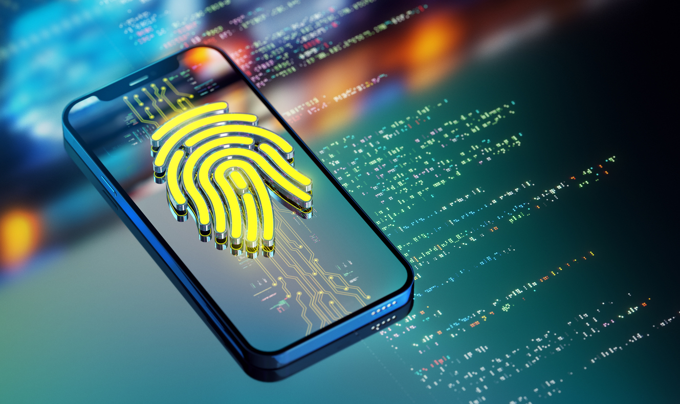 Grafika przedstawiająca koncepcję bezpieczeństwa cyfrowego z wykorzystaniem biometrycznego uwierzytelniania odciskiem palca. Futurystyczne tło technologiczne podkreśla nowoczesne rozwiązania z zakresu ochrony danych. Render 3D.