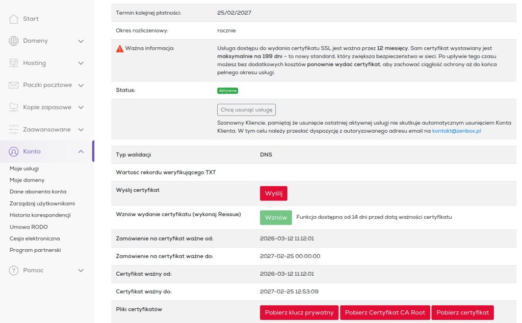 Konfiguracja usługi certyfikatu SSL w Panelu Klienta Zenbox